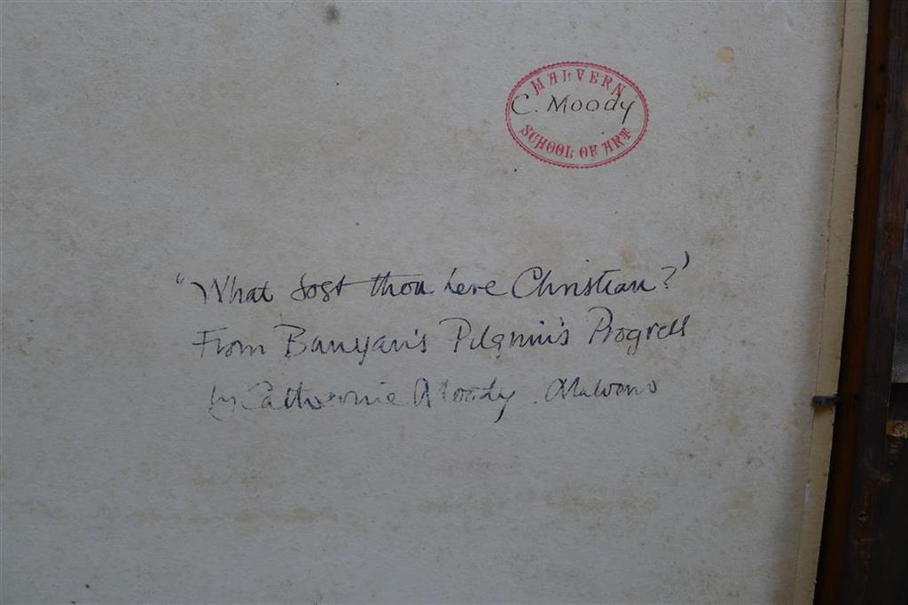 Catherine Moody (1920-2009), watercolour, What dost thou hae Christian? - Pilgrims Progress, inscribed verso, Malvern School of Art